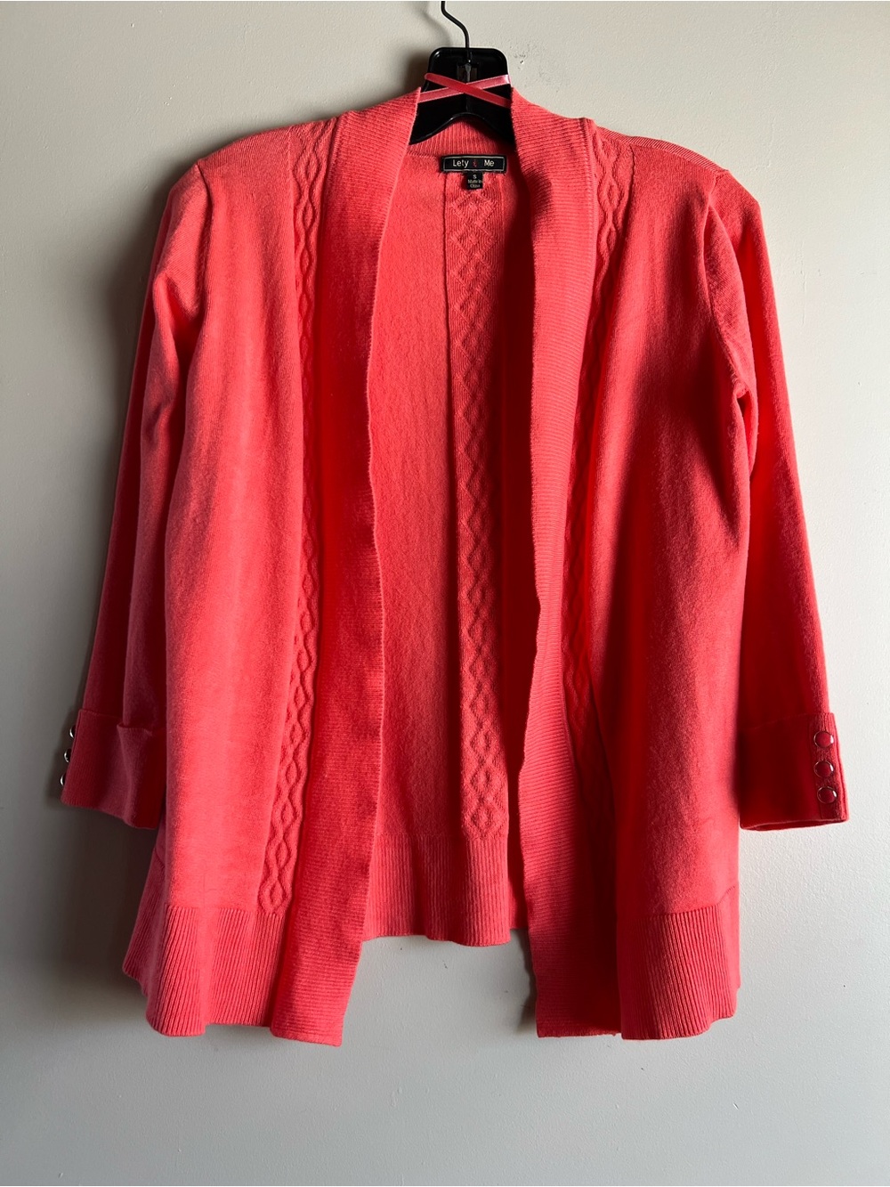 Lefty & Me Coral Textured Knit Open Front Cardigan 3/4 Sleeve Ring Detail